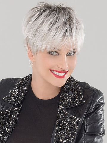 SWING by Ellen Wille in Silver Blonde Rooted Medium Honey Blonde, Light Ash Blonde, and Lightest Reddish Brown blend with Dark Roots